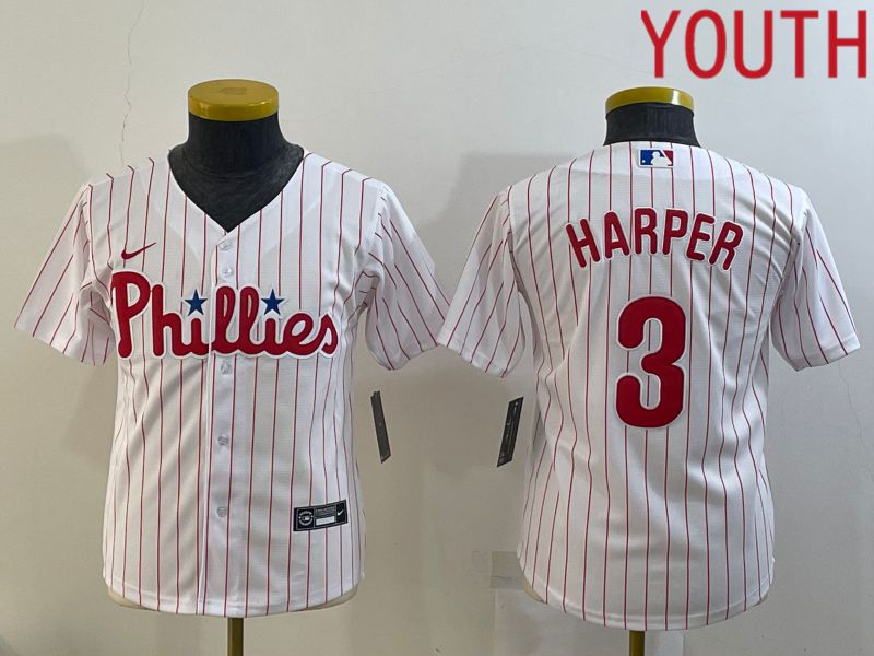Youth Philadelphia Phillies #3 Harper White Stripe Game Nike 2022 MLB Jersey->youth mlb jersey->Youth Jersey
